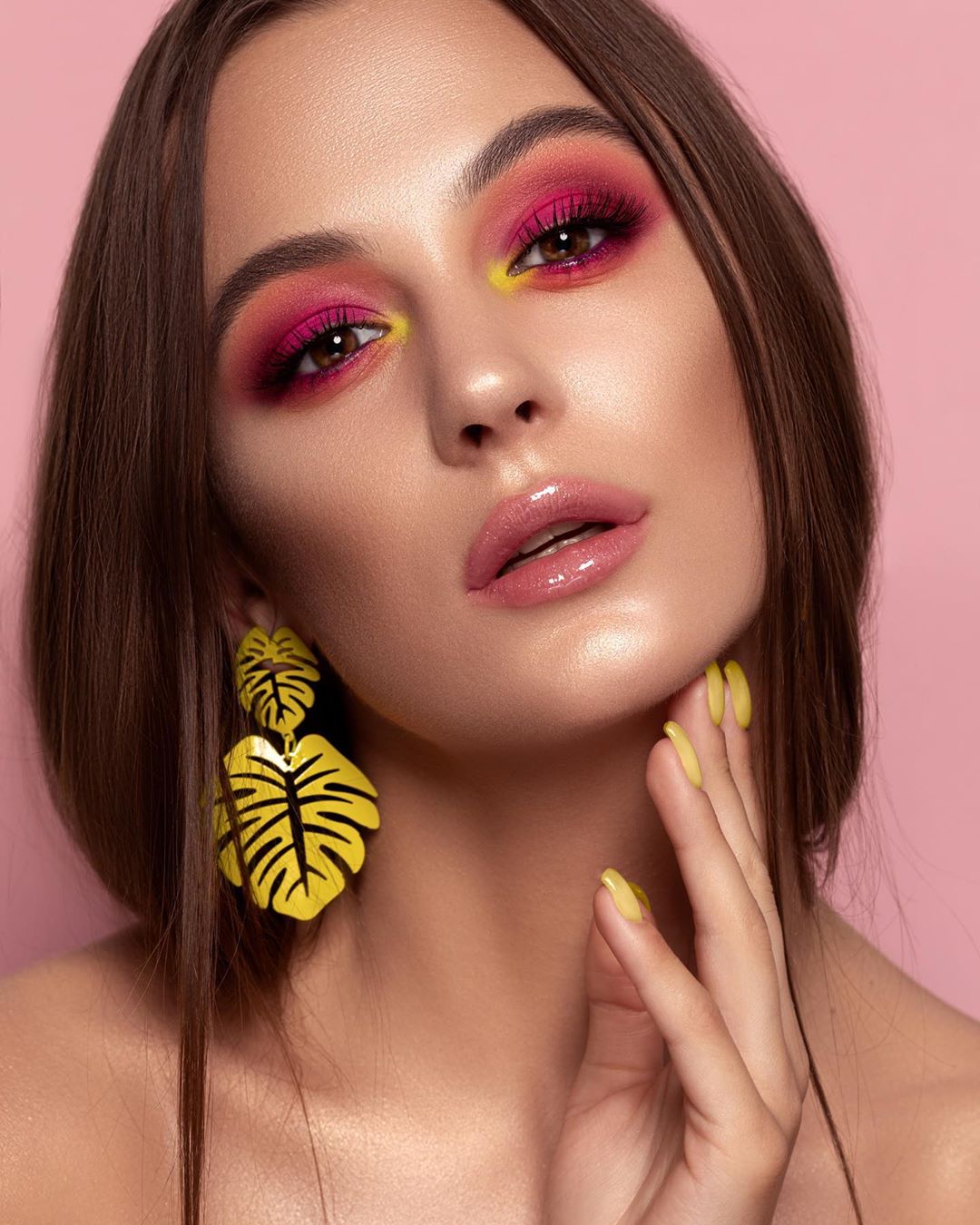 Beautiful Lady With Pink And Yellow Creative Make Up